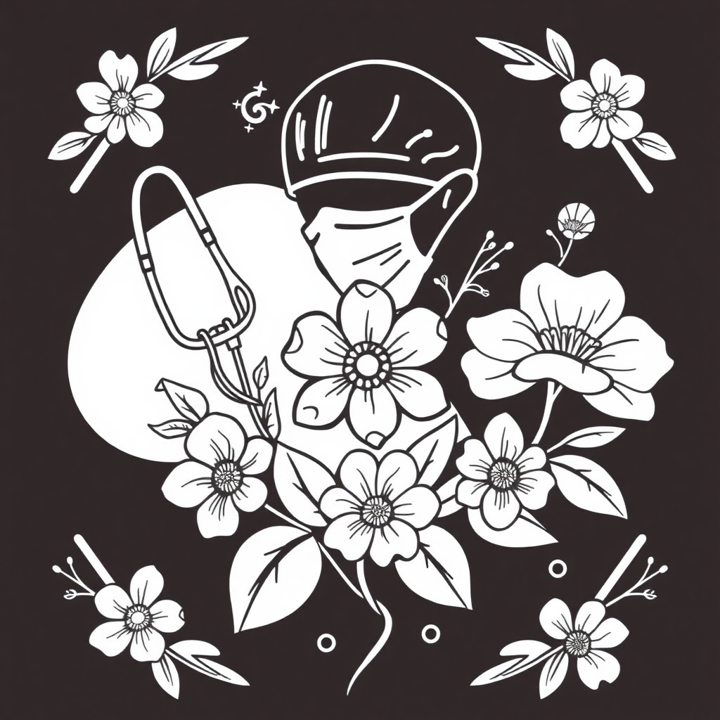 a black on white, line design depicting surgical and floral iconography