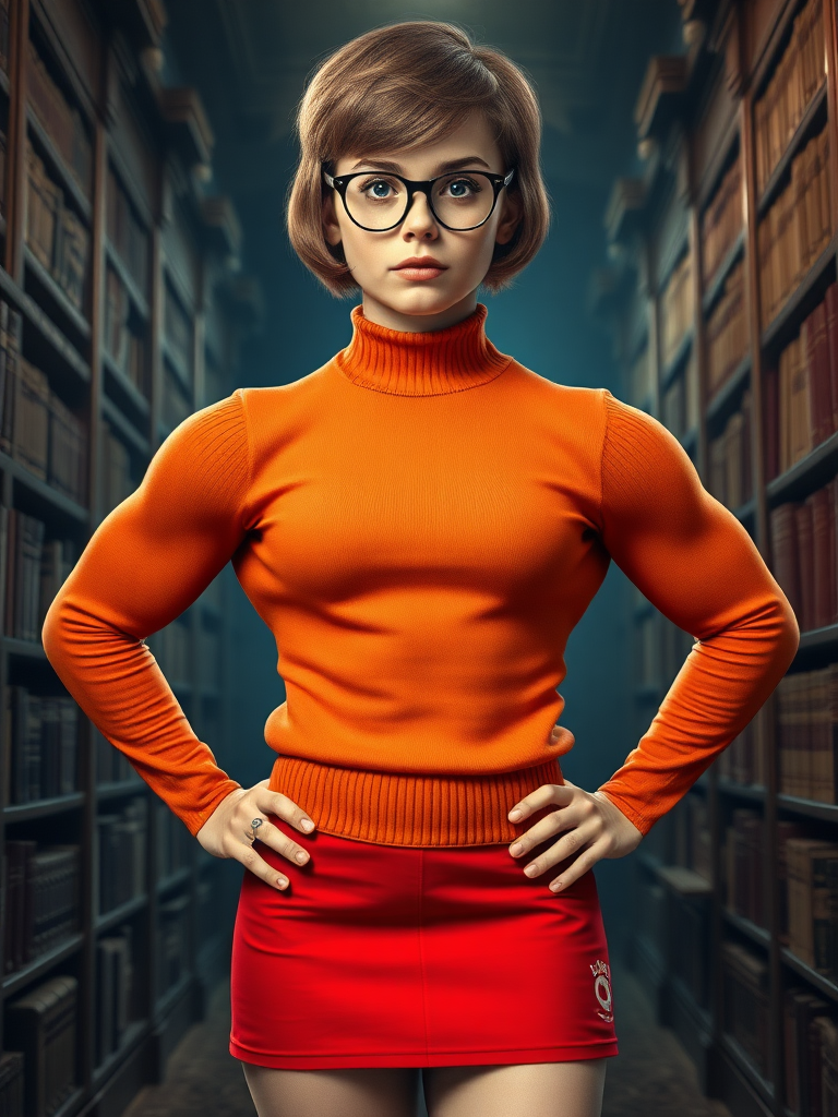 Generate a full-length photorealistic image of a composite character: Velma Dinkley's head, intact with her signature short reddish-brown bob, round glasses, and intelligent facial features, atop an inverted triangle body type of a male bodybuilder, featuring broad shoulders, muscular arms, and a narrow waist. Retain Velma's classic costume, altered to fit the new body: an orange turtleneck sweater stretched across the muscular chest, a red miniskirt adjusted to fit the larger frame, and her iconic red Mary Jane shoes. Add details like visible muscles beneath the sweater and skirt, emphasizing the contrast between the feminine attire and the masculine physique. Set the background inspired by Velma's character, perhaps a detailed, mysterious library filled with ancient books and odd artifacts, or a spooky, abandoned mansion with eerie shadows and hidden secrets.