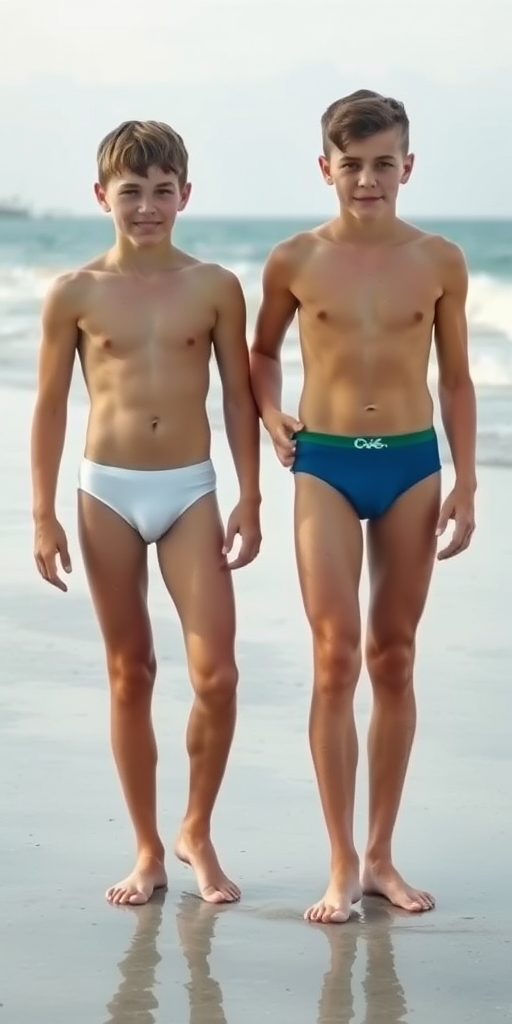 Two 13yo teen boys, wearing tight narrow speedo, long legs, narrow thighs. Beach. full-length view. 1980s. photorealistic, ultra high resolution, 16K, Negative: grainy, blurry, bad anatomy, extra limbs, watermark.