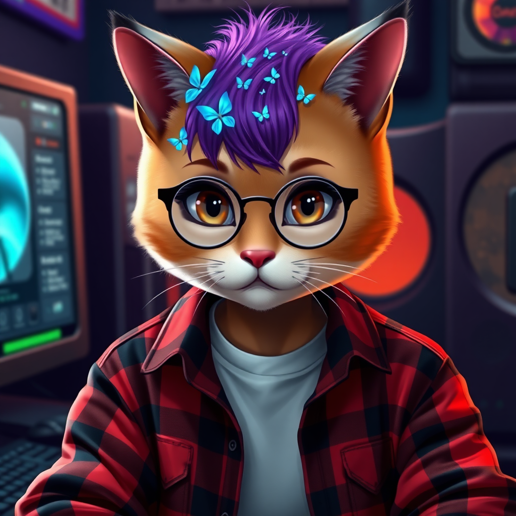 female cat-man with no breasts/flat chest serious chestnut color with small blue butterflies on the head, a round head, with a purple UNDERCUT haircut, hazel eyes, dimples on the cheeks, chubby cheeks, wearing semi-round glasses, a red and black plaid shirt open over a white t-shirt, in front of a gaming PC, in digital art