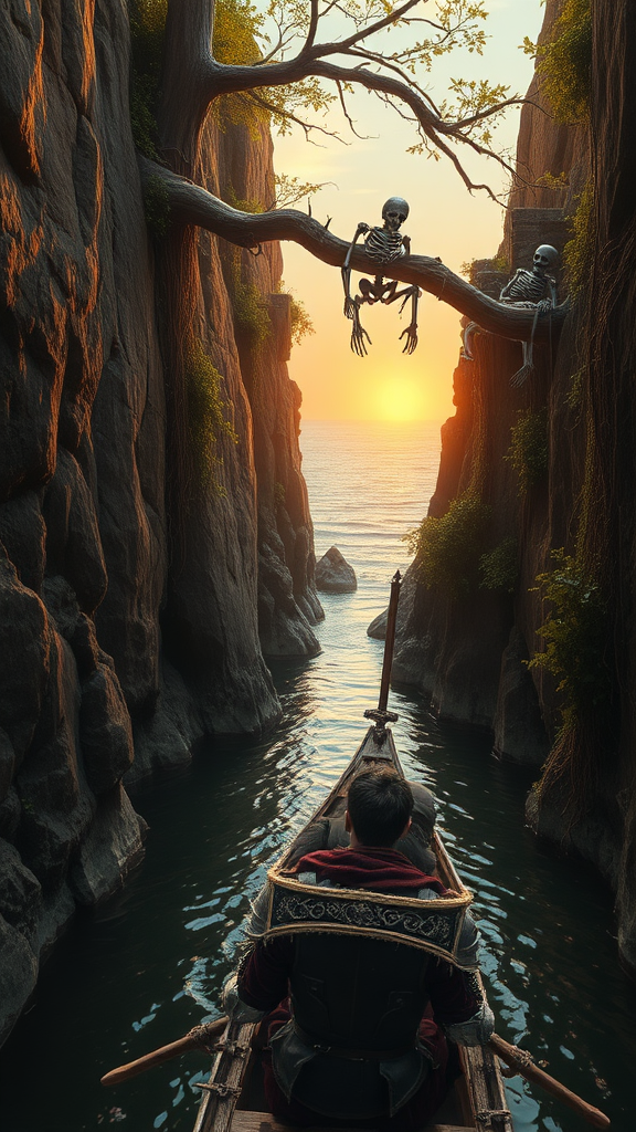 A cinematic panorama of a lone, wounded knight, slumped against the prow of a small wooden boat, his armor battered and stained with blood. The boat navigates a narrow river, its waters reflecting the fiery hues of a setting sun. Towering cliffs rise on either side, their rugged surfaces adorned with crumbling ruins of ancient structures. Thick vines, gnarled roots, and lush foliage cascade down the rock walls, bridging the chasm with their tangled embrace. Skeletons, clad in decaying armor, hang suspended from branches, their skeletal forms swaying gently in the breeze. As the river winds its way towards the distant ocean, the cliffs gradually open, revealing a glimpse of a vast, sun-drenched expanse of water stretching towards the horizon.