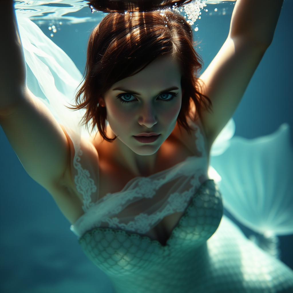 The Bride of Frankenstein as a mermaid. She's floating underwater with arms up. She's looking intensely at the viewer of the photo. The eye contact is palpable and mystical. Her short hair floats like a beautiful nimbus around her head and her shiny scaled tail is curled beside her. Gossamer Diaphanous. HD DSLR Photo