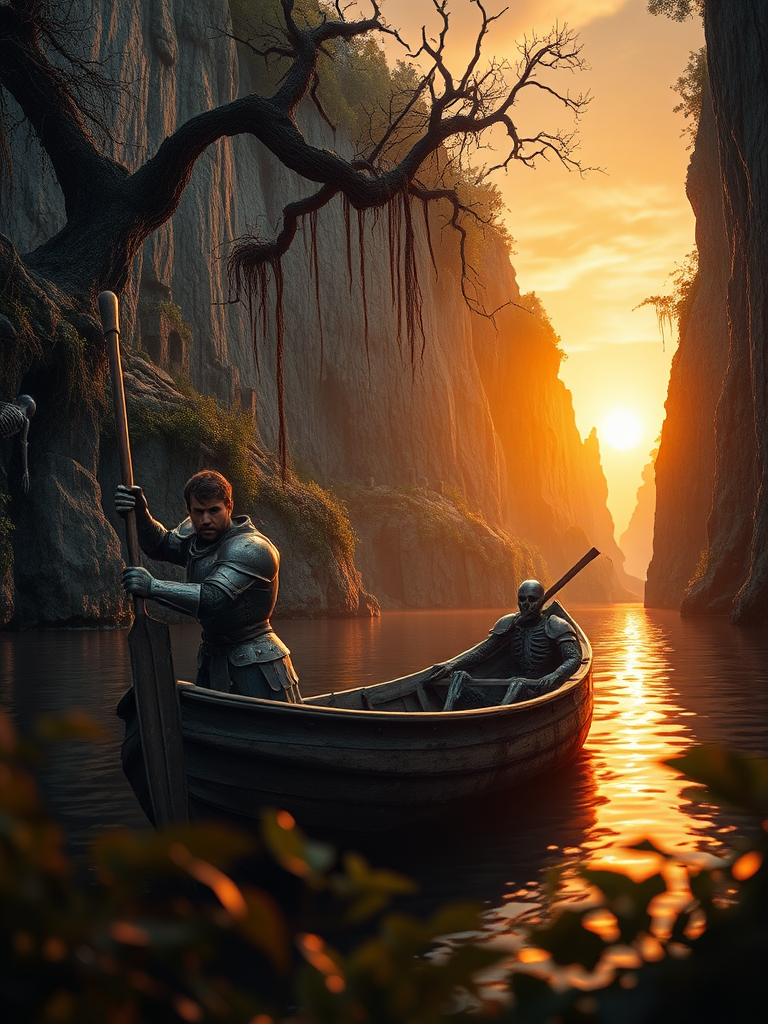 A photorealistic epic cinematic film still of a knight, his armor dented and bloodied, leaning against a rough-hewn wooden oar in a small, battered boat. The boat is adrift on a river, the water a dark mirror reflecting the fiery sunset. The river winds between towering cliffs, their faces scarred with overgrown ruins and draped in thick vines. Trees gnarled with age cling to the cliffs, their branches heavy with hanging skeletons and weathered warrior armor. The ruins are a testament to a past war, and the air hangs heavy with the scent of decay. Zombie knights, their bodies wracked with dark green mystical energy, can be seen lurking in the shadows of the cliffs. The sun, a fiery orb, hangs low on the horizon, casting long shadows across the scene as the river slowly spills out into the ocean beyond the cliffs. There is a sense of epic struggle and the weight of history in the air. some foreground foliage out of focus