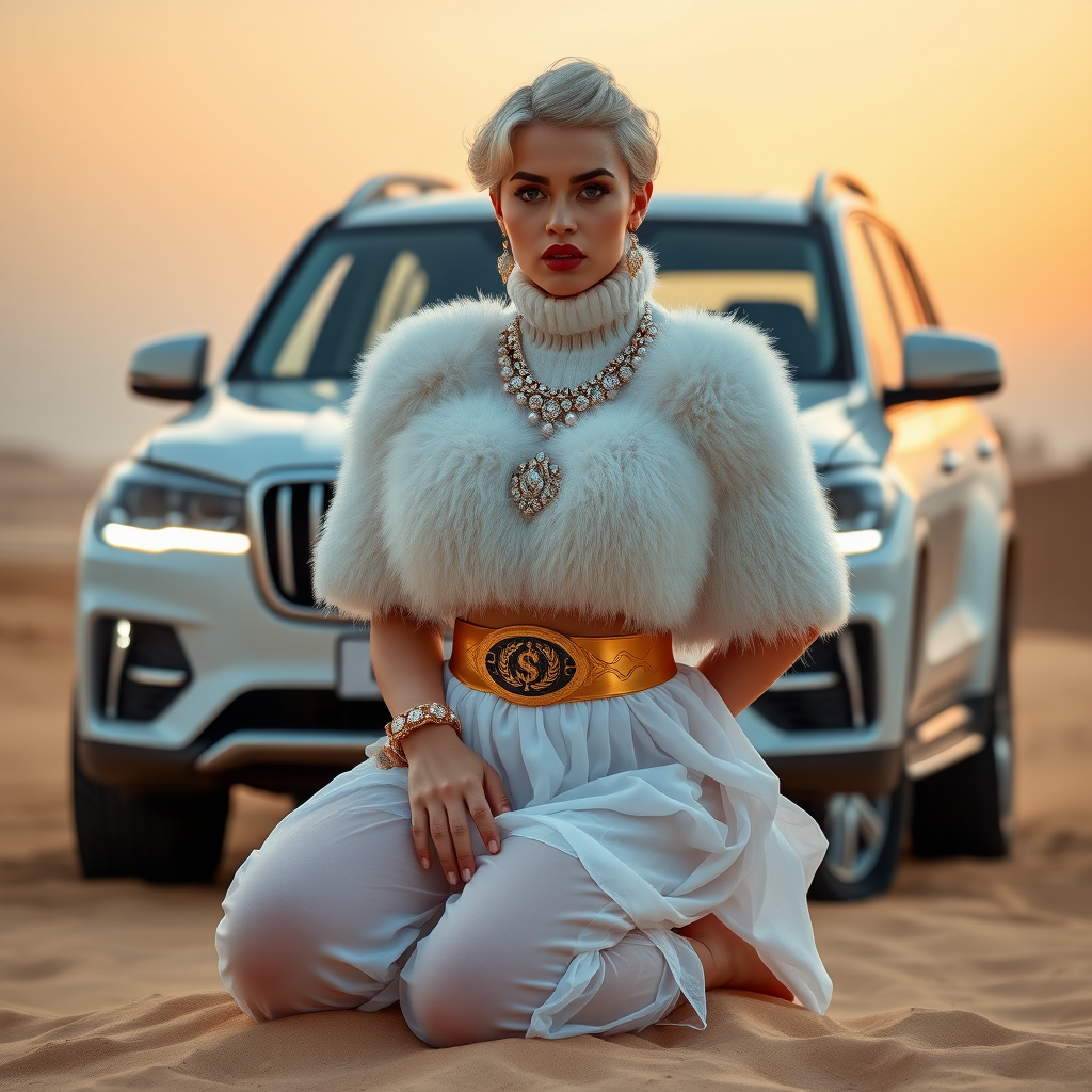 Kuwait desert dunes misty dawn, full size luxury SUV: Melissa, European 17 years old very convincing femboy “trophy-bimbo”, tamed servile docile, very beautiful feminine flawless face, rather short, by hormones very curvaceous womanly figured, platinum blond short tight curls, bold red lips, heavily made-up face, wearing Supertanya-style fluffy very fuzzy bright white angora turtleneck-poncho cropped ending under bust decorated with pearls and gemstones, striking oriental wide gold bridal protection belt, white fully transparent harem pants, full Oriental bridal jewelry, full Oriental face-jewelry, coin anklets, striking diamond “$$$” letter brooch on left chest, pout frustrated, hands tied behind back, kneeling in sand in front of SUV, looking at camera. Focus on face and turtleneck-poncho.