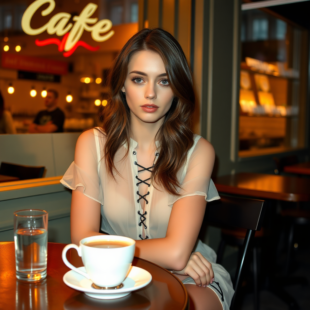 A young woman with brunette hair and pale blue eyes, wearing a translucent dress and lace-up high heels, is sitting in front of a café at a table. A cup of steaming coffee and a small glass of water are on the table. It's late evening. Photo.