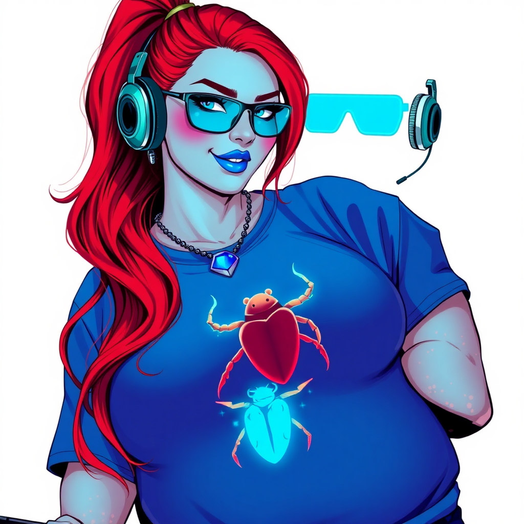 A cyberpunk vigilante’s full-figured intelligent and tech-savvy 29-year-old girlfriend, who is a computer hacker and tech genius. She has a long ruby red ponytail and bright blue eyes. She wears maximum blue lipstick, a sapphire beetle gemstone necklace, sapphire earrings, and an oversized maximum blue t-shirt featuring a neon blue glowing icon of a beetle on its chest. She has a full-figured physique with a prominent, gargantuan, round midsection, reflecting her well-cared-for lifestyle. She sports a sapphire headset with hi-tech maximum turquoise lensed HUD eyeglasses, and a beaming smile with a passionate bright red blush. Despite her figure and a lack of self-esteem, she radiates beauty. She has a slim face which contributes to her radiant beauty. She serves as his tech expert from his hideout, diligently working at her lab table and computer desk. The background is solid white. She is drawn as if she was in a retro 2D cyberpunk fighting game.