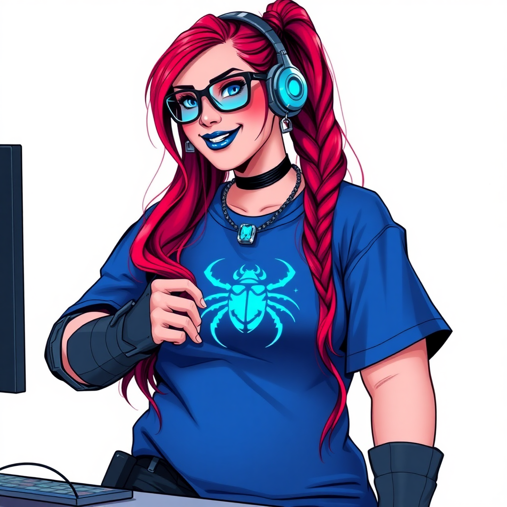 A cyberpunk vigilante’s full-figured intelligent and tech-savvy 29-year-old girlfriend, who is a computer hacker and tech genius. She has a long ruby red ponytail and bright blue eyes. She wears maximum blue lipstick, a sapphire beetle gemstone necklace, sapphire earrings, black eyeglasses, hi-tech metal arm armor, and an oversized maximum blue t-shirt featuring a neon blue glowing icon of a scarab beetle on its chest. She has a full-figured physique with a giant, round midsection, reflecting her well-cared-for lifestyle. She sports a sapphire headset with a hi-tech maximum turquoise lensed HUD, and a beaming smile with a passionate bright red blush. She serves as his tech expert from his hideout, diligently working at her lab table and computer desk. The background is solid white. She is drawn as if she was in a retro 2D cyberpunk fighting game.