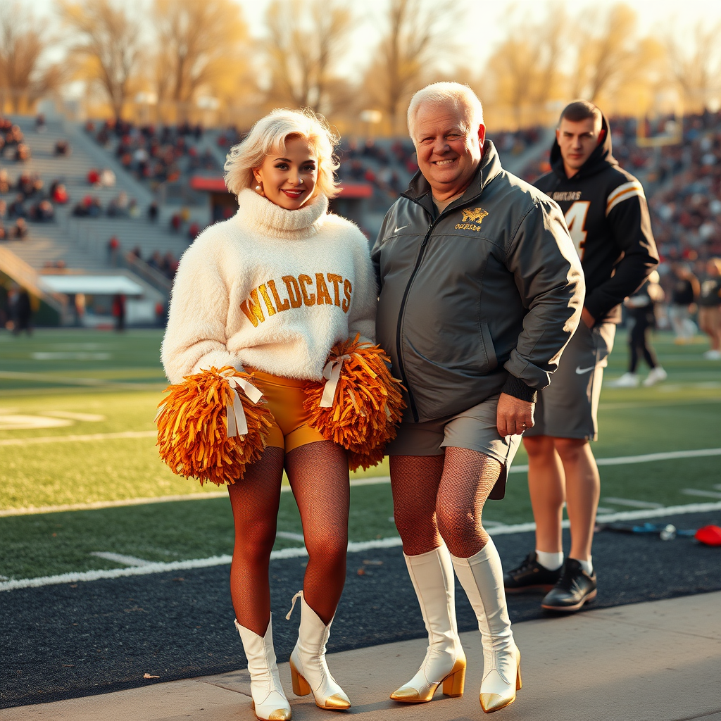 Sunny cold fall noon, college football stadium game, cheerleaders leader squat: Ana, European 17 years old very convincing femboy “QB’s trophy-bimbo”, tamed servile docile, very beautiful feminine flawless face, rather short boyish figure, platinum blond short tight curls, bold red lips, heavily made-up face, fluffy very fuzzy bright white plushy hazy thick angora turtleneck-sweater with “gold “WILDCATS” letters, vinyl gold short shorts, mesh pantyhose, white vinyl thigh-high boots with golden heels, large gold-white pompoms, pearl earrings, standing, shoulders slightly arched back to present her assets, posing for photo with Hank: older tall overweight male football coach, wearing college football coach outfit, triumphant smile, nimbly patting Ana. Jealously watching from behind: very angry wildcat’s QB.