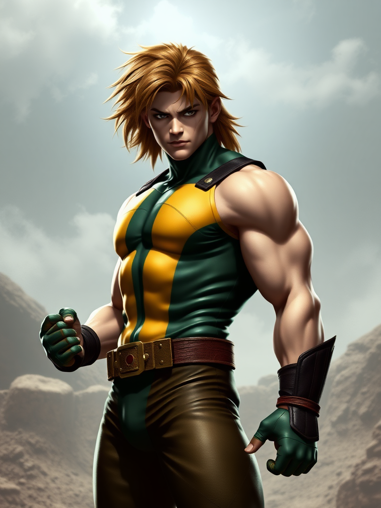 Create a hyper-realistic image of Marvel Comics character Rogue, but with the body type of Ken Masters from Street Fighter, ensuring that Rogue's head remains intact. Adjust the silhouette accordingly to blend both characters' features. Design a background setting that is suitable and visually appropriate for the characteristics and worlds of both Rogue and Ken Masters.