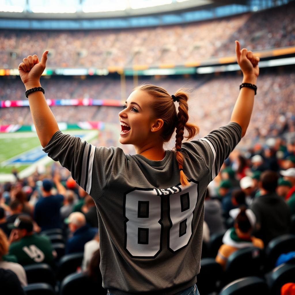 Attractive female NFL fan, pigtail hair, arms raised, hollering, jumping in the bleachers, crowded, NFL stadium