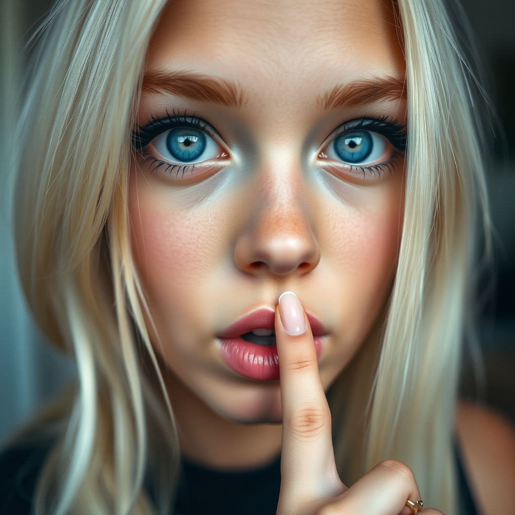 a young woman is holding her finger to her lips, 1girl, looking at viewer, blue eyes, blonde hair, solo focus, blurry, lips, eyelashes, blurry background, close-up, realistic. bleached blonde, black eyeliner, very large eyes, tanned skin.