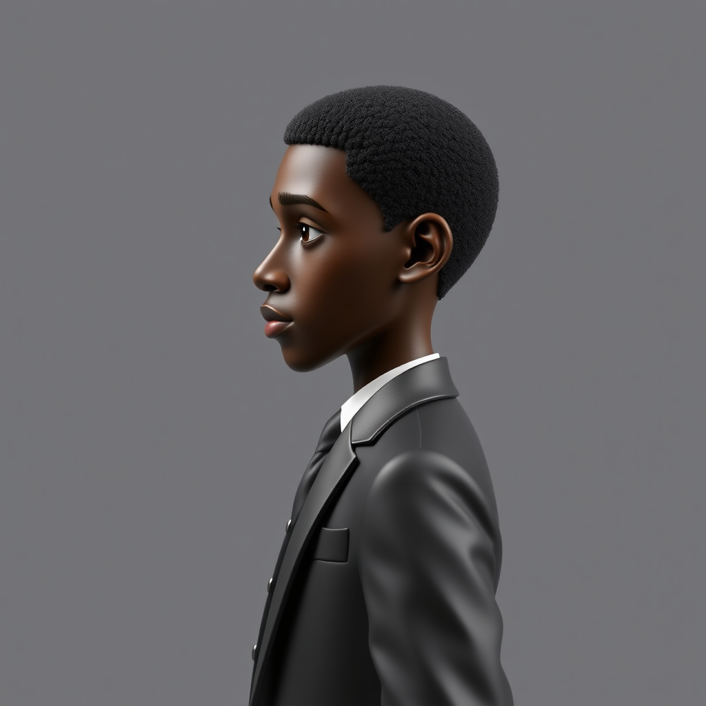 Model of a black man, light skin, in profile, dressed in an elegant suit, long pants, shiny shoes, very short curly hair, oval face, small nose, brown eyes, thin lips, normal attached ears, slight double chin, very thin brown eyebrows.