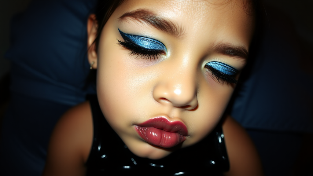 six-year-old-latina-female-child that has extremely big lips.  
She is wearing intense-blue-glitter-eyeshadow, thick-winged-eyeliner with very-dramatic-eyeliner-wings, and dark-burgundy-glossy-lipstick.  
She is wearing a tight-glossy-latex-sleeveless-crop.  
Her lips are puckered and her eyes are half closed.  
Fish-eye-lens, laying in a dark motel room, amateur flash photography.