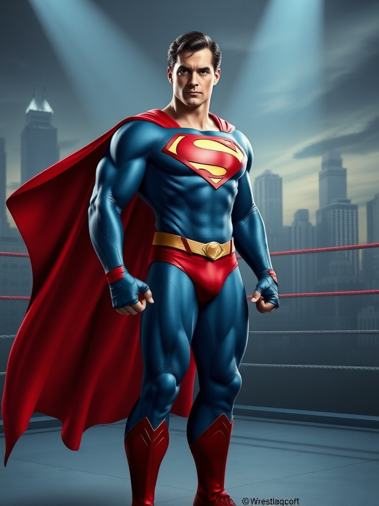 Create a full-length image of Superman with the female body traits of R Mika, retaining Superman's head and face. Emphasize the powerful, athletic torso, muscular legs, and dynamic stance. Incorporate R Mika’s physique: broad shoulders, defined musculature with a cinched waist, and strong, curvaceous hips. Keep Superman's iconic costume but add R Mika-inspired embellishments like ribbon accents and gloves. Background should blend Metropolis with a pro-wrestling ring, reflecting both characters' worlds. Highlight the blend of strength and elegance in the character's physique.