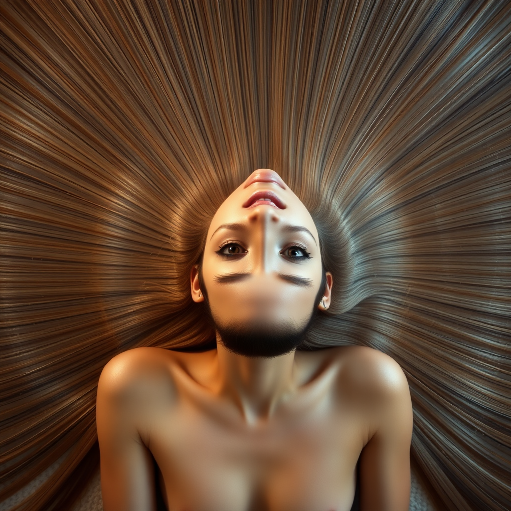 A beautiful woman laying on her back staring up at the camera. Her very long hair meticulously fanned out in a geometrically precise semicircle to display its length and beauty.