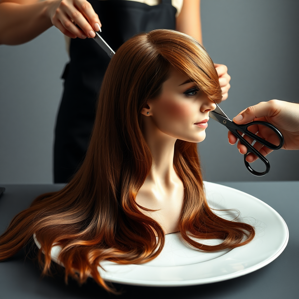 In a strikingly surreal scene, a beautifully crafted porcelain plate holds the disembodied head of a graceful Kate Middleton, her long, flowing hair cascading around like a luxurious waterfall of silky strands, shimmering in various shades of deep chestnut. Each hair seems to catch the light, creating an almost ethereal glow. Nearby, a meticulous hairdresser, dressed in a sleek black apron, carefully snips away at Kate's locks with precision scissors, their actions fluid and deliberate, emphasizing the delicate artistry of the moment.

The setting boasts minimalist decor, with a plain gray background that heightens the focus on this bizarre tableau. Soft shadows play across the smooth surface of the plate, enhancing the haunting beauty of Kate's serene expression, which conveys both elegance and an uncanny sense of stillness. The atmosphere is a blend of surreal calm and unsettling intrigue, pulling the viewer into a dreamlike space where reality and imagination intertwine. Gentle noises of scissors softly clipping away hair are the only sounds in this peculiar yet captivating scenario, heightening the tension and drawing viewers into this striking juxtaposition of beauty and the bizarre.