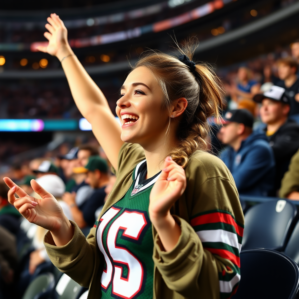 Attractive female NFL fan is cheering, pigtail hair, stadium bleacher row, crowded