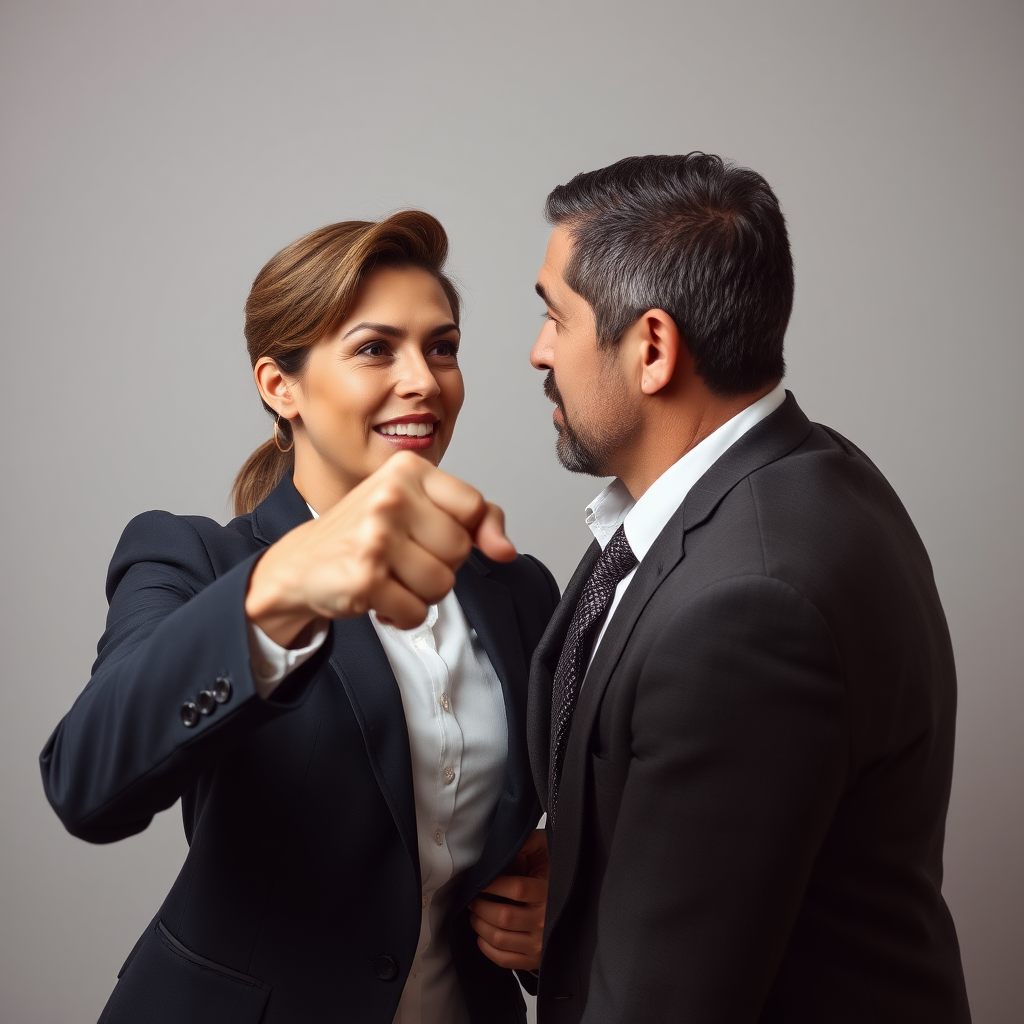 mature attractive business woman punching a man in the face