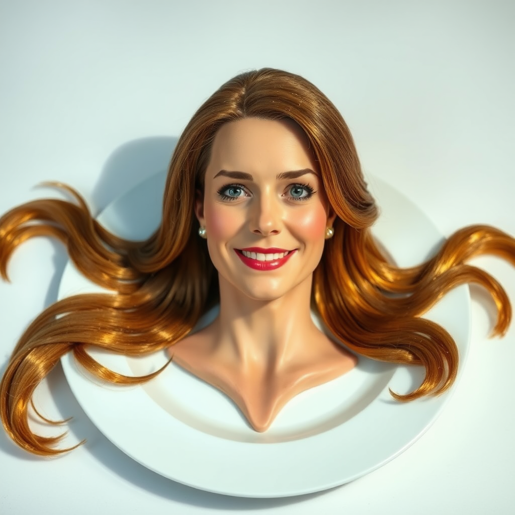 In a surreal and whimsical culinary display, Kate Middleton's disembodied head is elegantly arranged on a pristine, white porcelain plate. Her long, flowing hair cascades luxuriously around the edges, each strand meticulously crafted to shimmer in the ambient light, reminiscent of spun gold. The delicate features of her face, perfectly sculpted, convey a serene expression, with a soft, inviting smile that radiates warmth and grace.