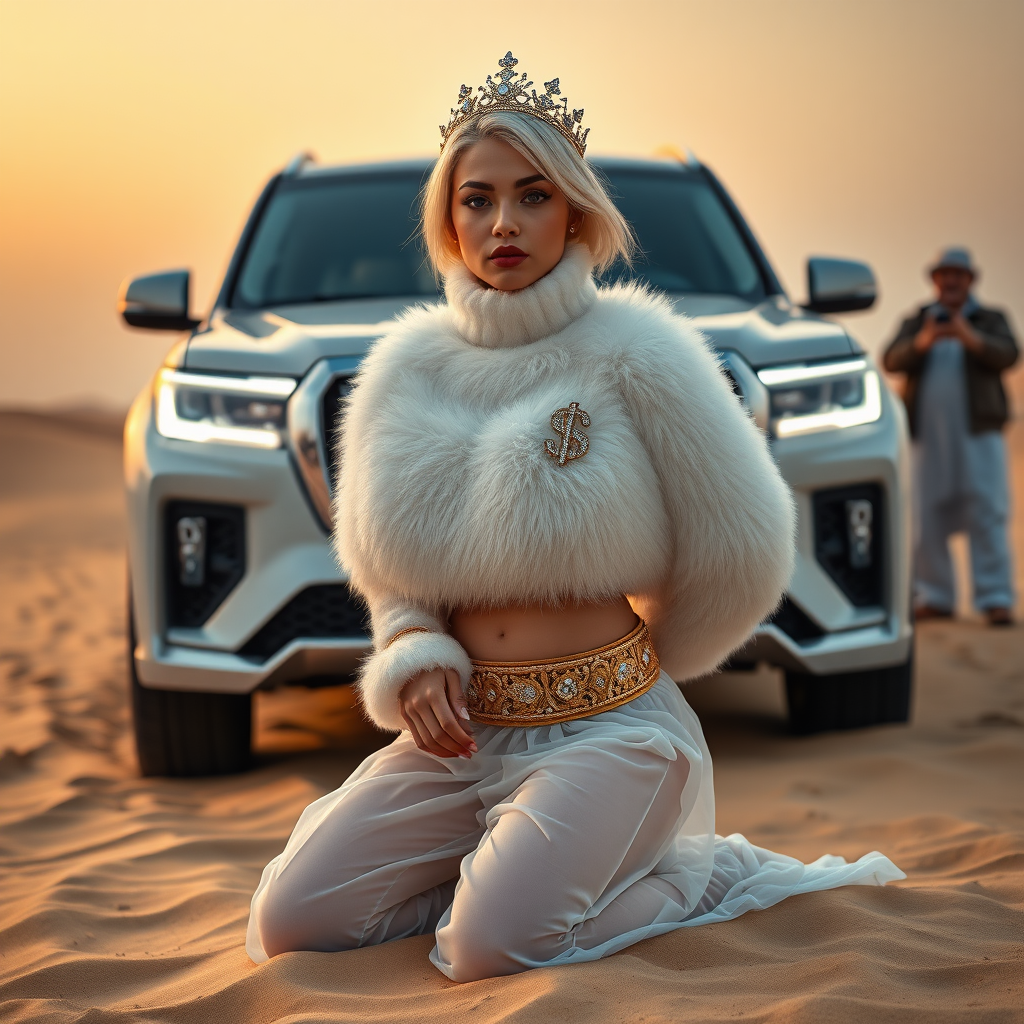 Kuwait desert dunes misty dawn, full size luxury SUV: Melissa, European 17 years old very convincing femboy “trophy-bimbo”, tamed servile docile, very beautiful feminine flawless face, rather short, by hormones very curvaceous womanly figured, platinum blond short tight curls, bold red lips, heavily made-up face, wearing Supertanya-style fluffy very fuzzy bright white angora turtleneck-poncho cropped ending under bust decorated with pearls and gemstones, striking oriental wide gold bridal protection belt, white fully transparent harem pants, full Oriental bridal jewelry with striking headpiece, full Oriental face-jewelry, striking diamond “$$$” letter brooch on left chest, pout frustrated, hands tied behind back, kneeling in sand in front of SUV, looking at camera. Focus on face and turtleneck-poncho. Standing behind leaning against SUV: older overweight mighty sheik laughing taking pictures with mobile phone.