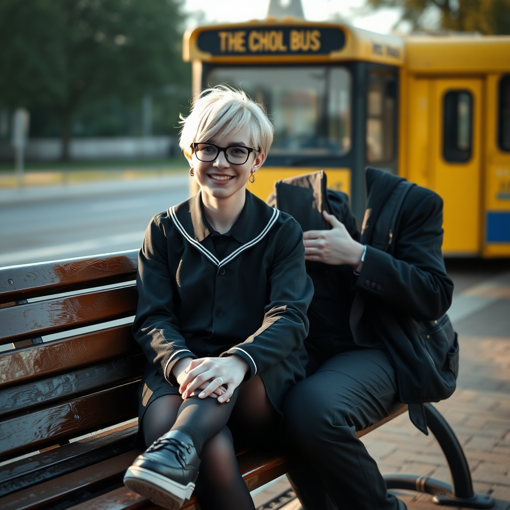 photorealistic, ultra high resolution, 16K, surreal fantasy, soft studio lighting, a pretty 18 year old goth male, slim male physique, short blonde hair, black glasses, goth makeup, earrings, shiny black pantyhose, UK girls-school uniform, Mary-Jane shoes, sitting on his boyfriend's lap on a bench waiting for the school bus, in daylight, excited smile, facing the camera.