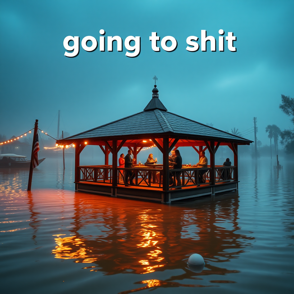 Create an image of a pavilion in a flooded environment and people comically partying on it drinking beer while the world is completely overflooded. Focus on the humorous contrast of the situation. Include the text "going to shit"