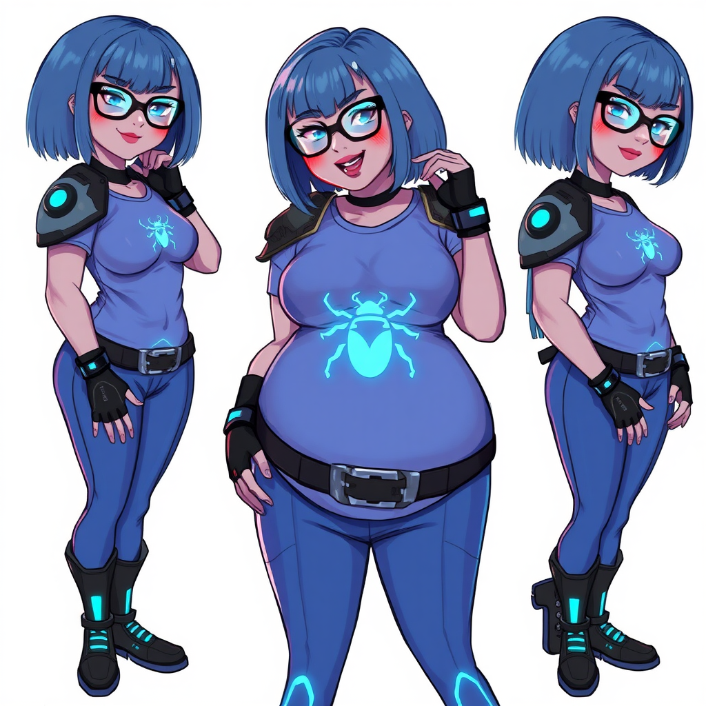 A 28-year-old, full-figured, middle gray skinned, computer program hybrid with a maximum blue bob cut. She has a non-athletic, full-figured build, highlighted by a prominent, round, large midsection (with full emphasis on her large belly). As the full-figured, nerdy, digital sidekick to her cyberpunk vigilante boyfriend, her metallic middle gray skin and maximum blue lipstick emphasize her digital nature. She wears a digital, computerized costume inspired by DC’s Carrie Kelly Robin, consisting of a huge, tight-fitting, maximum blue t-shirt with a neon blue glowing chest icon of a beetle, hi-tech shoulder pads with neon blue accents, a black hi-tech belt with a digital neon blue glowing buckle, digital maximum blue pants with neon blue accents, and black hi-tech fingerless biker gloves with neon blue glowing accents. Her bright blue eyes, black eyeglasses with glowing neon blue lenses with a built-in HUD, and shy smile with neon red blush accentuate her nerdiness. She stands bashfully with one hand behind her back and the other hand gently touching her cheek, her costume covering all her skin and emphasizing her full-figured physique (especially her belly). She is clearly non-athletic, with a heavy focus on her large belly. Despite her build, she radiates beauty. She has a slim face compared to her physique, accentuating her radiant beauty. She is on a solid white background. She is drawn as if she were in a retro 2D cyberpunk fighting game. Her full figure is on full display and fully emphasized.