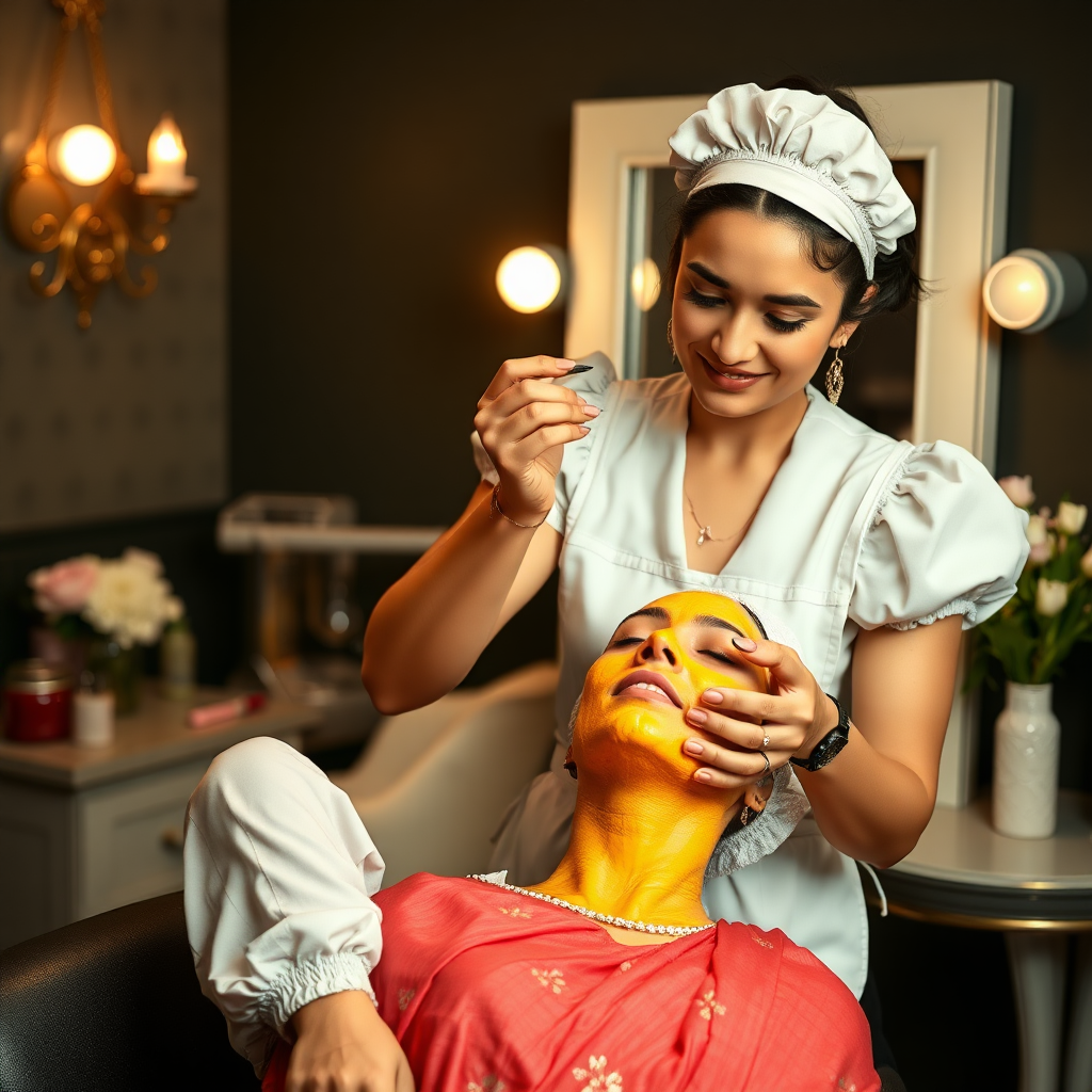 female french maid working in beauty parlour, giving turmeric facial to indian wife