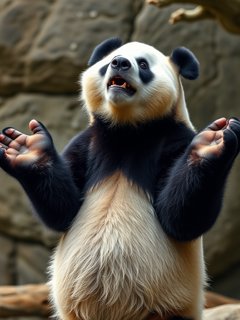 A photo realistic picture of a panda bear shrugging, holding out his paws to his side at the height of his shoulders.