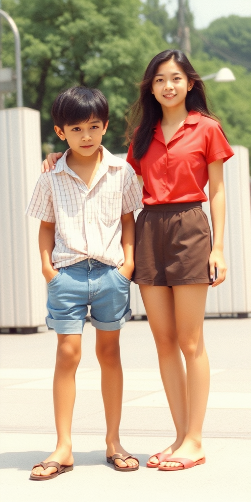 Vintage photo, 1980s. Hot summer. Japan. Tall 14yo teen boy wearing knotted shirt, tight booty shorts, long legs, bare thighs. With a girl wearing shirt, long skirt. Full length view.