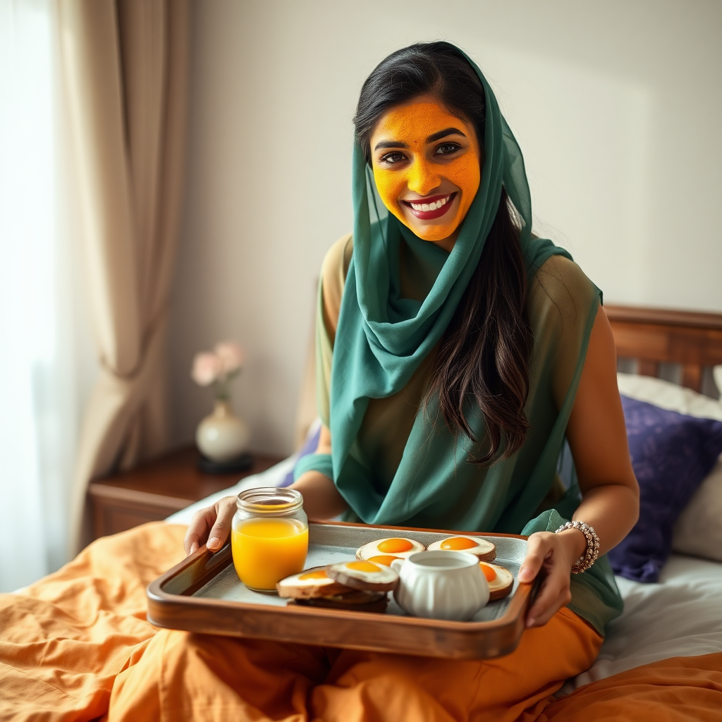 slim, 30 year old, sexy, indian wife, small face veil, turmeric face mask. She is smiling and serving breakfast on a tray on bedside table