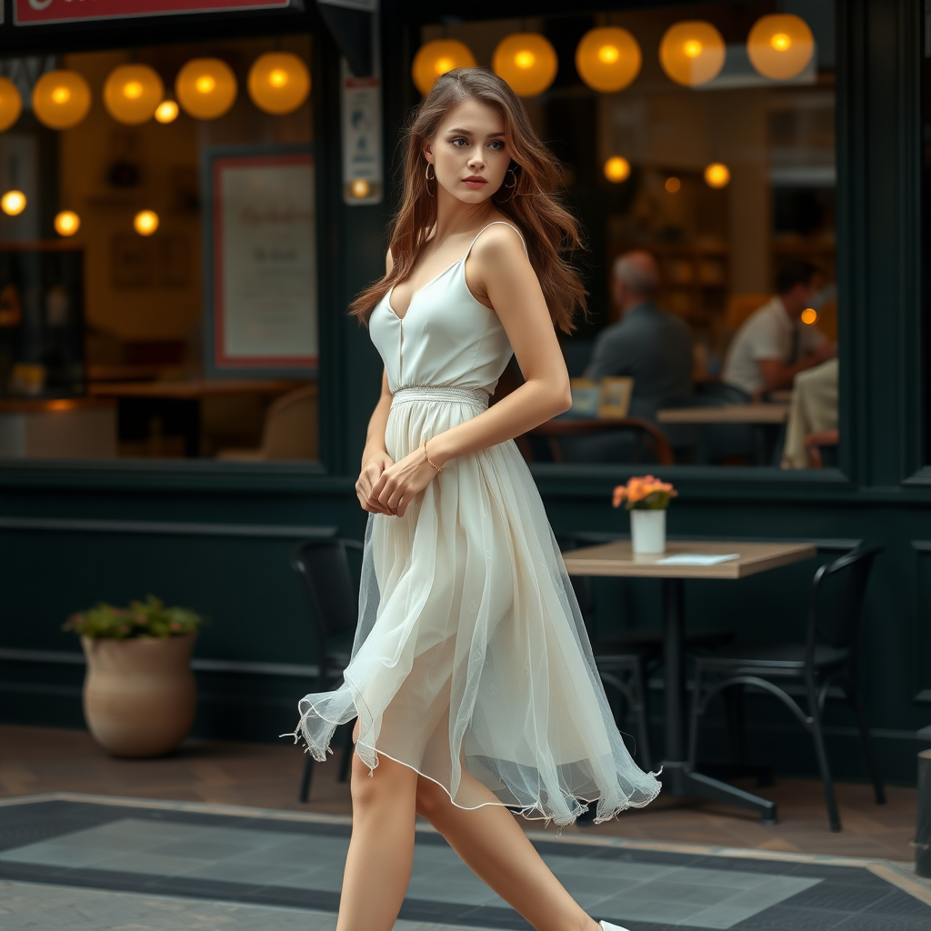 A young woman with brunette hair just passing a café, pale blue eyes, translucent white dress and white lace up high heels. photo