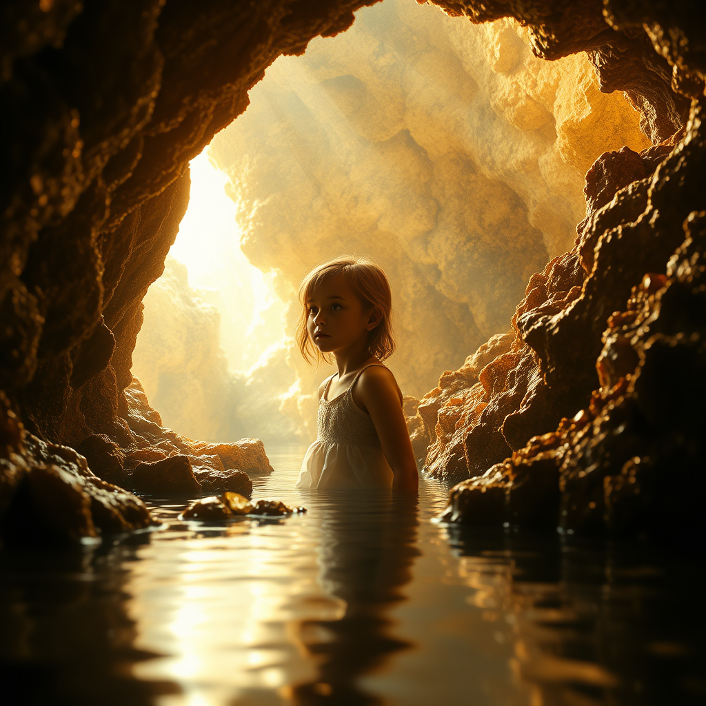 a young girl in a flooded cave, bjd, high quality photo, intricate environment, ultra-detailed, impressionistic, dynamic composition, artistic photograph, geode, alabaster, gold, fractal, intense colors, glittering, sunlight, illumination, transparency, mandelbulb