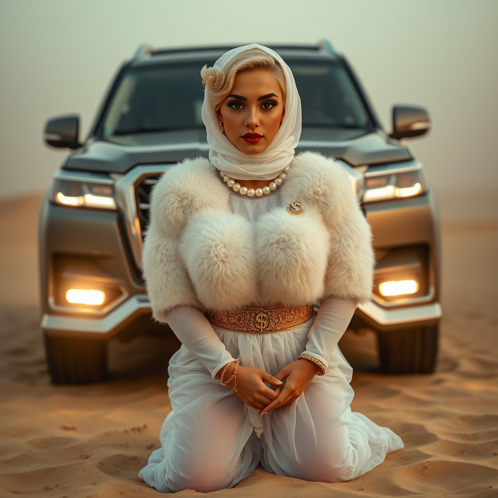 Kuwait desert dunes misty dawn, full size luxury SUV: Melissa, European 17 years old very convincing femboy “trophy-bimbo”, tamed servile docile, very beautiful feminine flawless face, rather short, by hormones very curvaceous womanly figured, platinum blond short tight curls, bold red lips, heavily made-up face, wearing Supertanya-style fluffy very fuzzy bright white angora turtleneck-poncho cropped ending under bust decorated with pearls and gemstones, striking oriental wide gold bridal protection belt, white fully transparent harem pants, full Oriental bridal jewelry including headpiece, white transparent Burka face veil covering noose and mouth, coin anklets, striking diamond “$$$” letter brooch on left chest, pout frustrated, hands tied behind back, kneeling in sand in front of SUV, looking at camera. Focus on face and turtleneck-poncho.