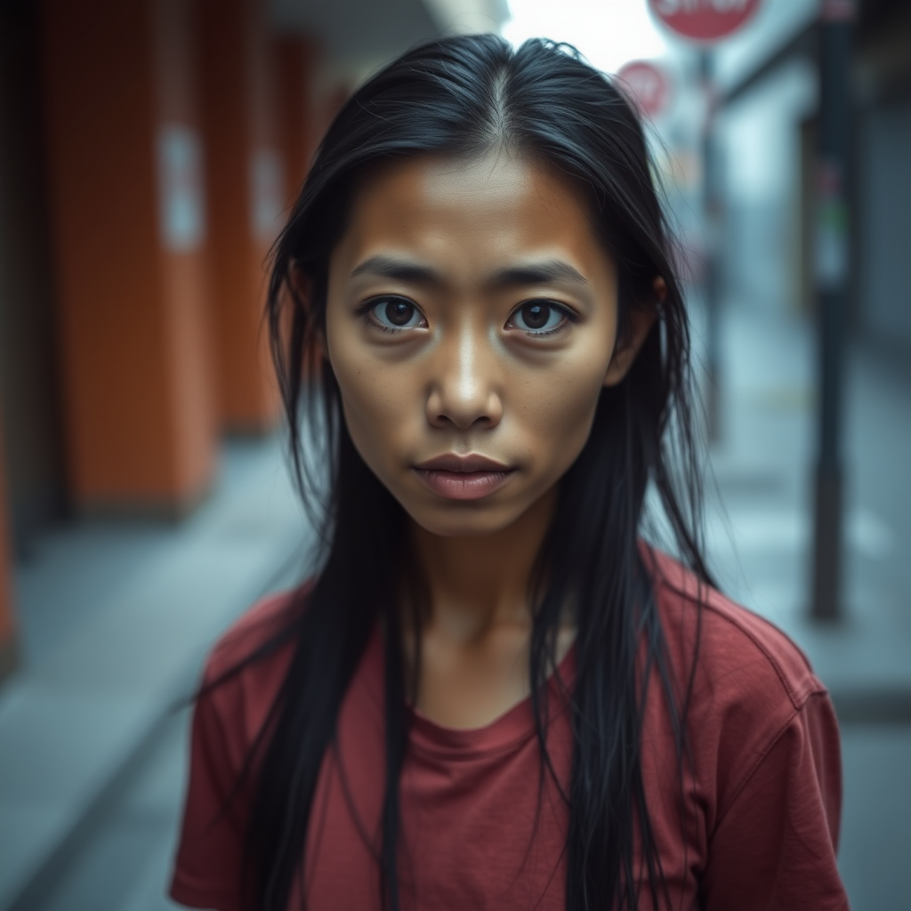 A very thin, mysterious but still pretty, sad and homeless, about 30 years old, healthy, young-at-heart Asian woman with a very dark skin color and with a T-shirt and long, jet-black hair and very typical and black Asian eyes, is very ashamed to look me in the eye and almost cries.