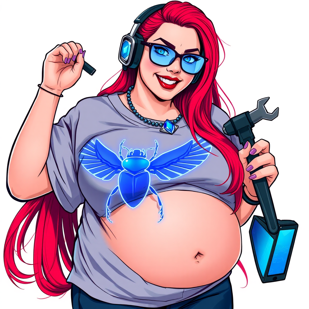 A cyberpunk vigilante’s full-figured intelligent and tech-savvy 29-year-old girlfriend, who is a computer hacker and tech genius. She has a long ruby red ponytail and bright blue eyes. She wears a sapphire beetle gemstone necklace, and an oversized Maximum Blue (RGB 71, 171, 204) t-shirt featuring a giant neon blue glowing icon of a winged beetle on its chest. She has a full-figured physique with a prominent, gargantuan, round midsection, reflecting her well-cared-for lifestyle. The midsection is heavily emphasized. She sports a sapphire headset with hi-tech Maximum Blue (RGB 71, 171, 204) lensed HUD visor, Maximum Blue (RGB 71, 171, 204) lipstick, black eyeglasses, and a beaming smile with a passionate bright red blush. Despite her figure and a lack of self-esteem, she radiates an air of beauty. She has an angular face which contributes to her radiant beauty. She serves as his tech expert from his hideout, holding a holographic tablet and a hi-tech tool wrench. The background is solid white. She is drawn as if she was in a retro 2D cyberpunk fighting game. Make sure her shirt covers her round midsection.