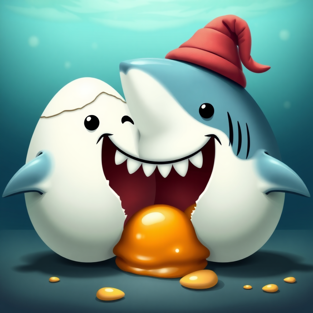 between two eggs a friendly laughing shark with a hat.