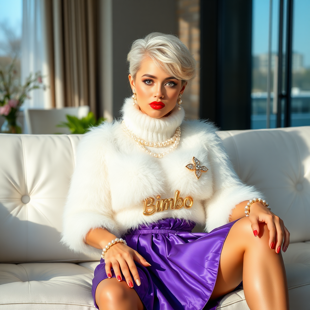 Sunny spring morning, chichi household, modern glass-steel-concrete CEO office, sitting on white leather sofa:, 17 years old very convincing femboy “trophy-bimbo”, tamed servile docile, very beautiful feminine flawless face, rather short, by hormones very curvaceous womanly figured, platinum blond short tight curls, bold red lips, long white French nails, heavily made-up face, wearing Supertanya-style fluffy very fuzzy bright white angora turtleneck-poncho cropped ending under bust decorated with pearls and glass stones, purple vinyl pleated mini-skirt, bright red pumps with golden very high heels, white pearl belly piercing, large pearl earrings, striking diamond “Bimbo” letter brooch on left chest, thick heavy pearl wristlets, pearl anklets, pout frustrated, looking at camera. Focus on face and turtleneck-poncho.