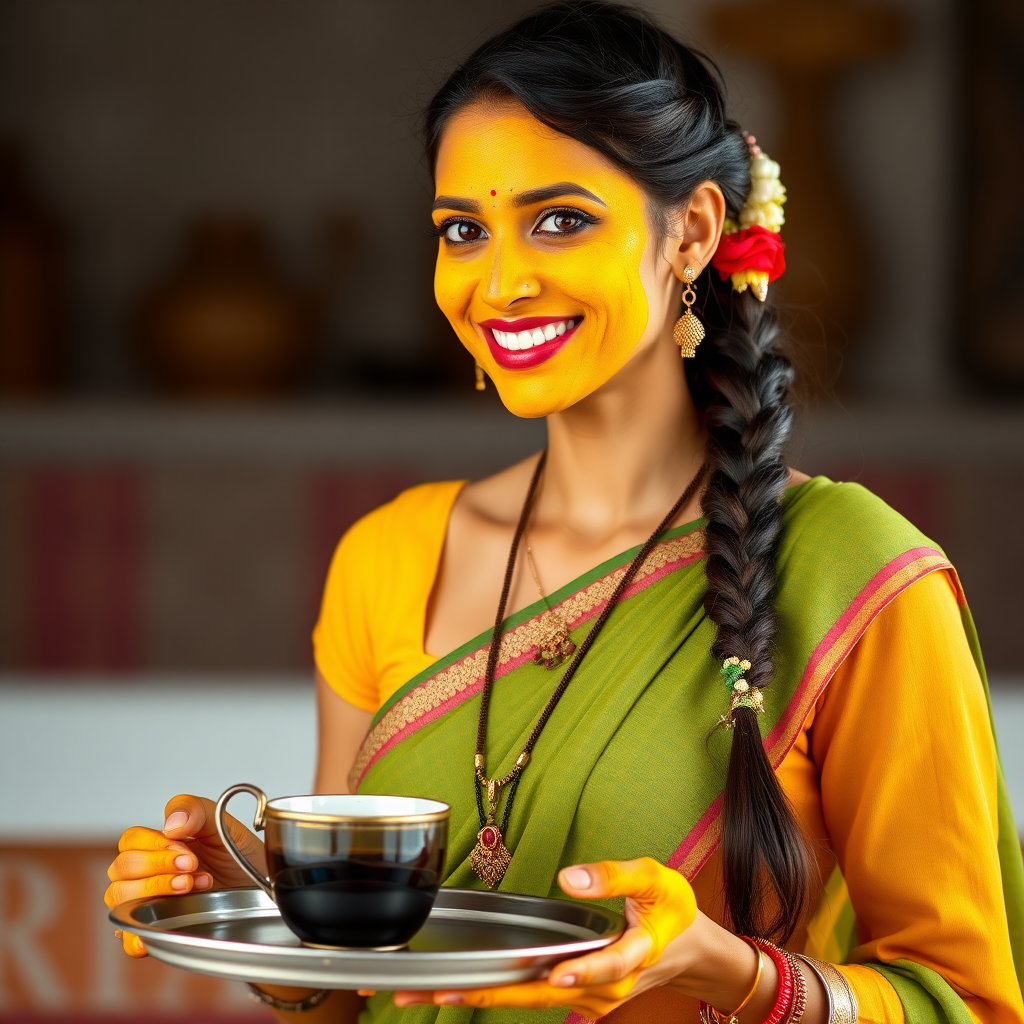 slim, 30 year old, sexy, indian wife, decorated hair braid, turmeric face mask. She is smiling and serving coffee on a tray to guests.