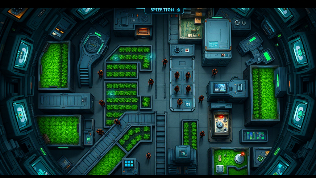 A top-down view of the arc’s interior, focusing on crew management and resource allocation. The arc is a massive structure filled with interconnected rooms: hydroponic farms, crew quarters, power generators, and research labs. The player assigns NPC workers to different sections of the arc, each represented by small icons moving between rooms. A HUD shows vital statistics like food production, water reserves, and crew morale. The environment is a mix of industrial steel walkways, green plant-filled hydroponic areas, and research labs with glowing holographic screens. The player must balance crew workload, research progress, and resource production, while dealing with occasional emergencies, like hull breaches or power failures, marked with flashing red icons on the screen.