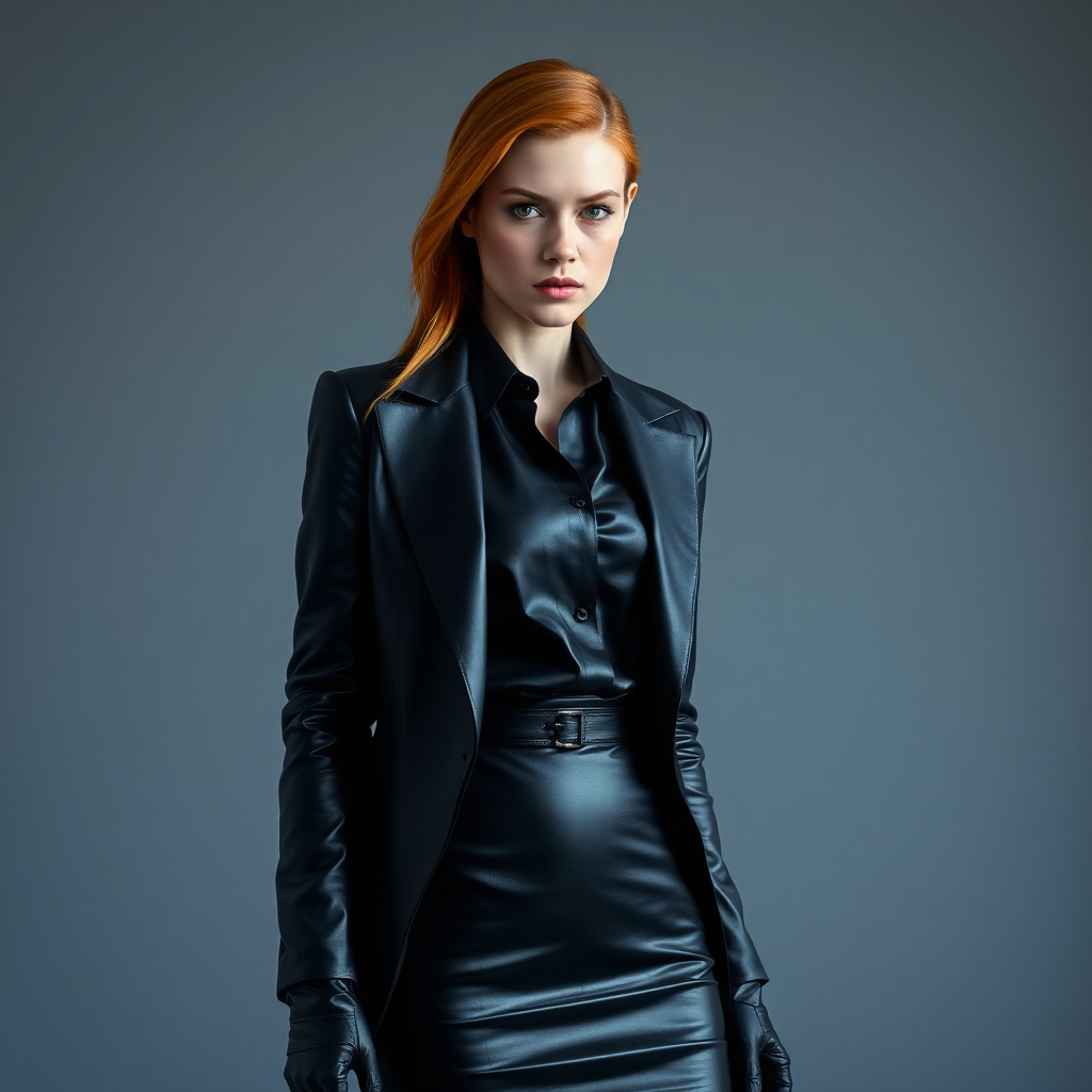 A gorgeous professional photo of a beautiful, young, slim, tall, pale red-haired woman in expensive, elegant black leather suit and silk shirt and leather pencil dress, pantyhose with long leather gloves and long leather boots. She is looking unamused, dominant, in control and powerful. femme fatale, 32k resolution, sharp focus, hyperrealistic, photography, highly detailed, smooth, nikon, award winning, breathtaking, groundbreaking, superb, outstanding.