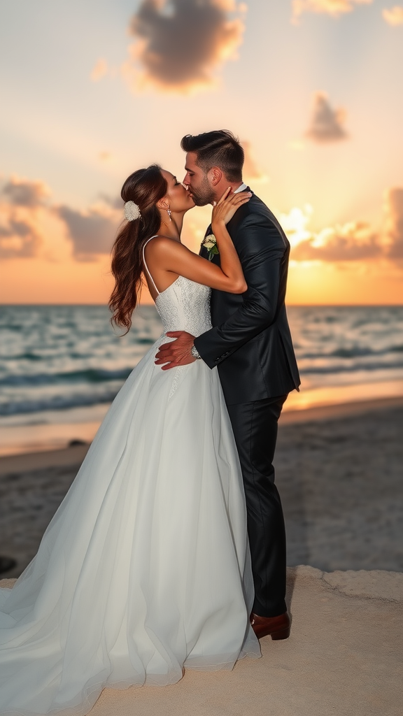 In the background, the bride and groom are elegantly dressed, she in high-heeled shoes and he in patent leather shoes, he passionately kisses the bride, in the background the sea with a beautiful beach, sunset sky with sun rays and clouds.