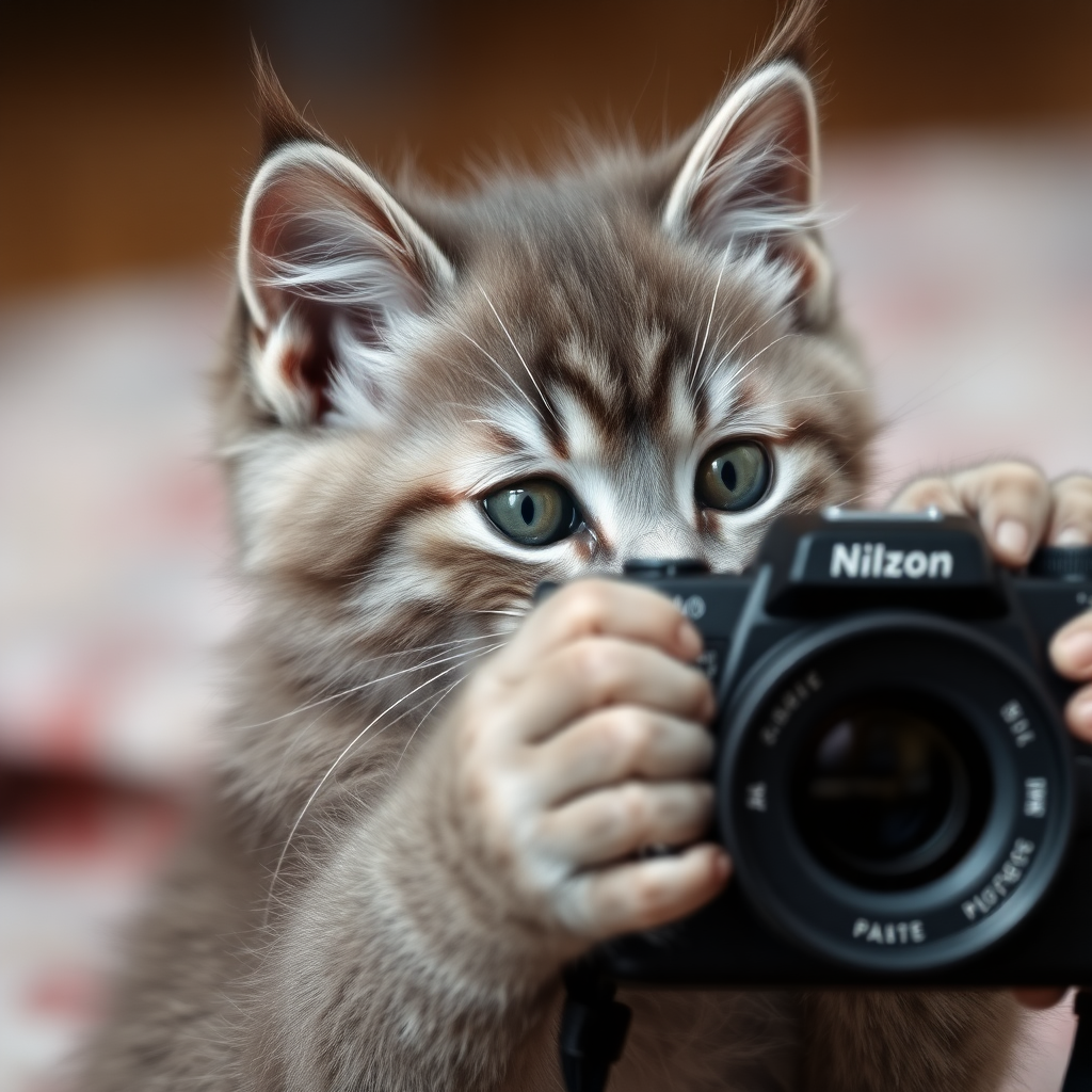 A gray kitten is taking pictures with a camera.