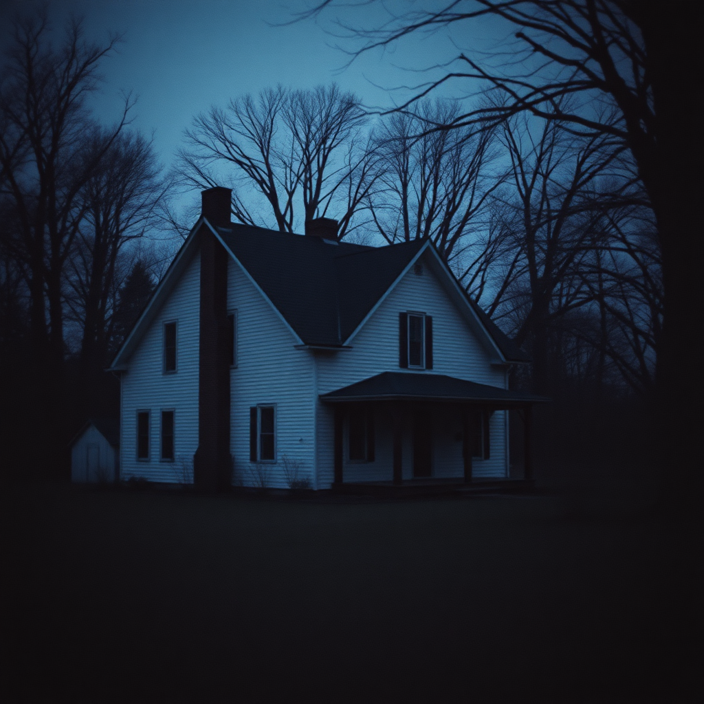 a nostalgic grainy photo of a lonely house, grey washed out colors, bad lighting, dusk, trees,