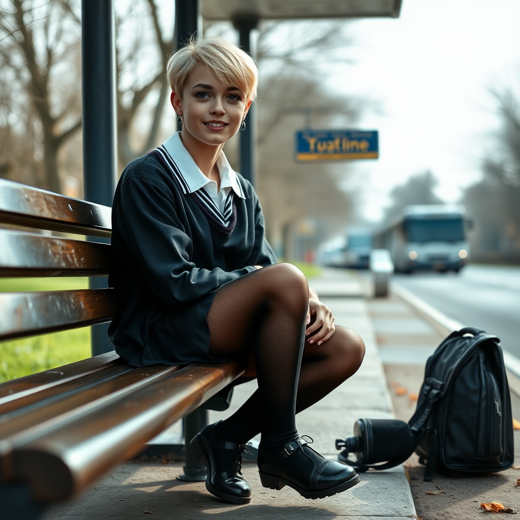 photorealistic, ultra high resolution, 16K, surreal fantasy, soft studio lighting, a pretty 18 year old goth male, slim male physique, short blonde hair, goth makeup, earrings, shiny black pantyhose, UK girls-school uniform, Mary-Jane shoes, sitting on a bench waiting for the school bus, in daylight, excited smile, facing the camera.