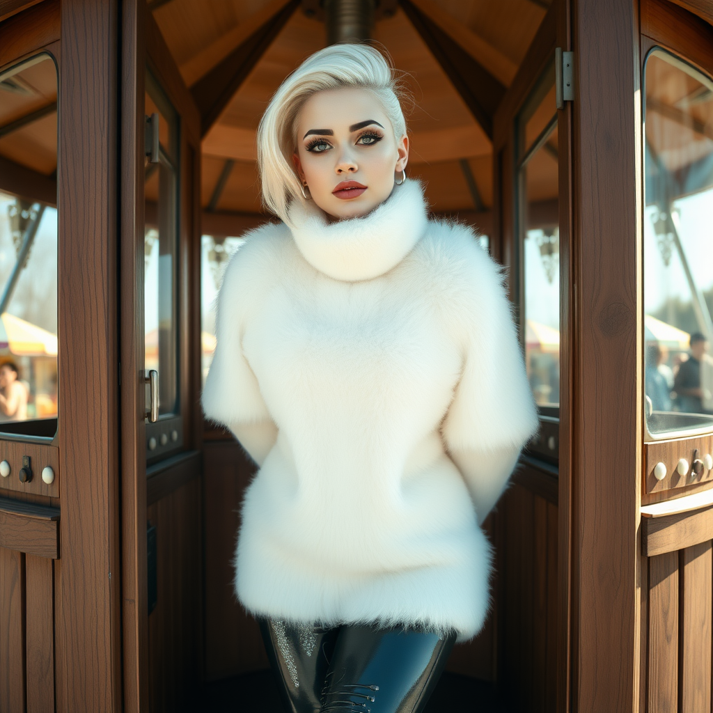 Amusement park wooden “kissing booth”, sunny spring Sunday morning. Sam, 19 years old beautiful involuntary femboy, rebellious intractable character, petite boyish figure, platinum blond boyish rebel punk hairstyle, flawless heavily made-up face with sharp arched tattooed eyebrows, wearing Supertanya-style fluffy very fuzzy bright white angora thigh-length turtleneck-poncho fully covering body and arms, silver-glitter leggings, black leather high-heeled pumps, silver earrings, both hands tied to pole behind back, standing inside kissing booth, waiting for next customer to kiss. Focus on Sam’s face and turtleneck-poncho.