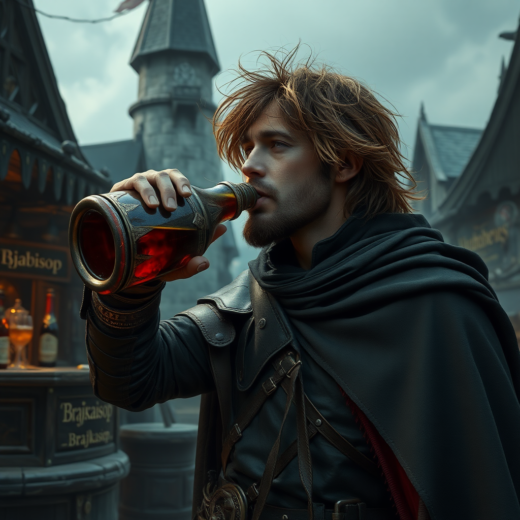 A wide distance shot of a fantasy warrior in dark leather armor and a cloak chugging a large potion from a round flask. Dungeons and Dragons port called Waterdeep. Mage tower in the background. Bar with an advertisement for a drink called "Brajkaisop." Messy shoulder length hair tussled by wind. Photorealistic, digital matte painting, wlop.