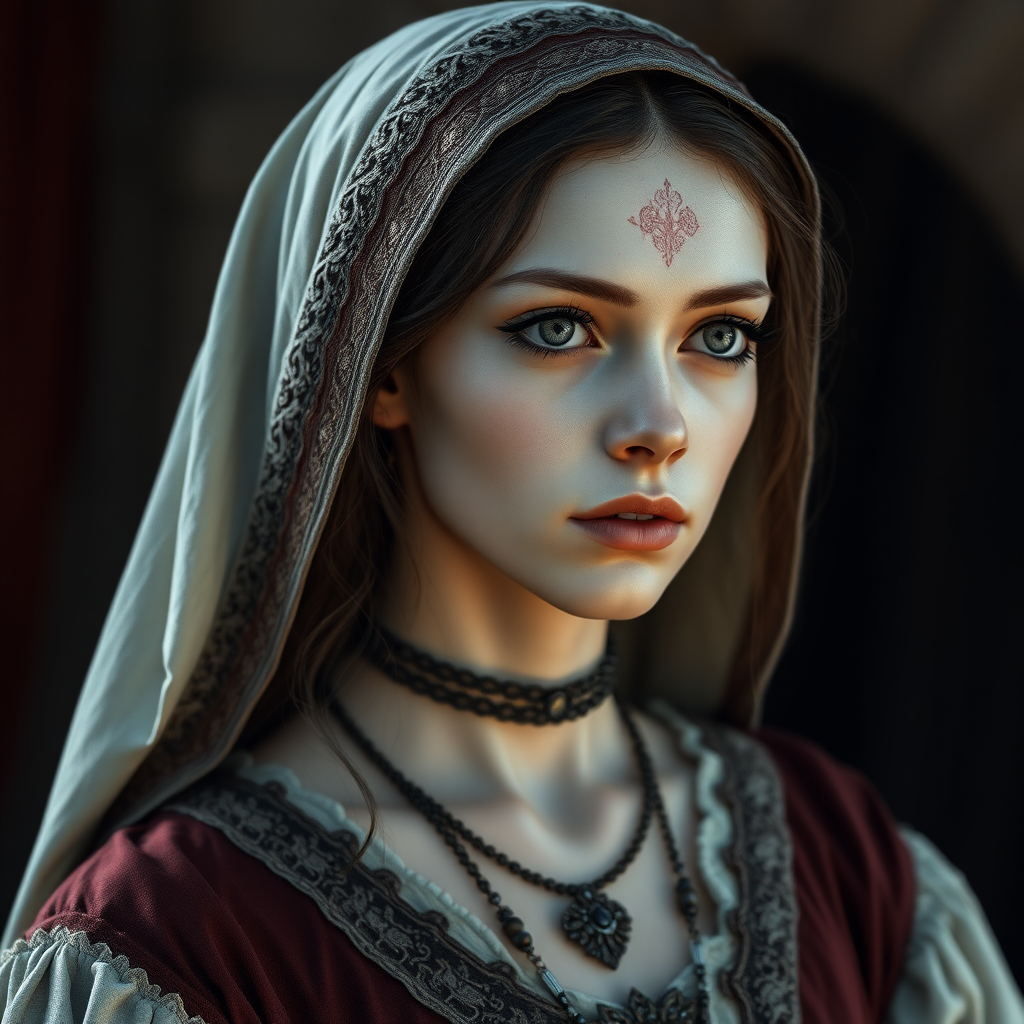 In the world of Vampire the Dark Ages, a 17-year-old woman with a cadaverous complexion, dressed like a medieval Persian woman. The image should show the character from the head to the waist. high definition, photorealistic, 16K.