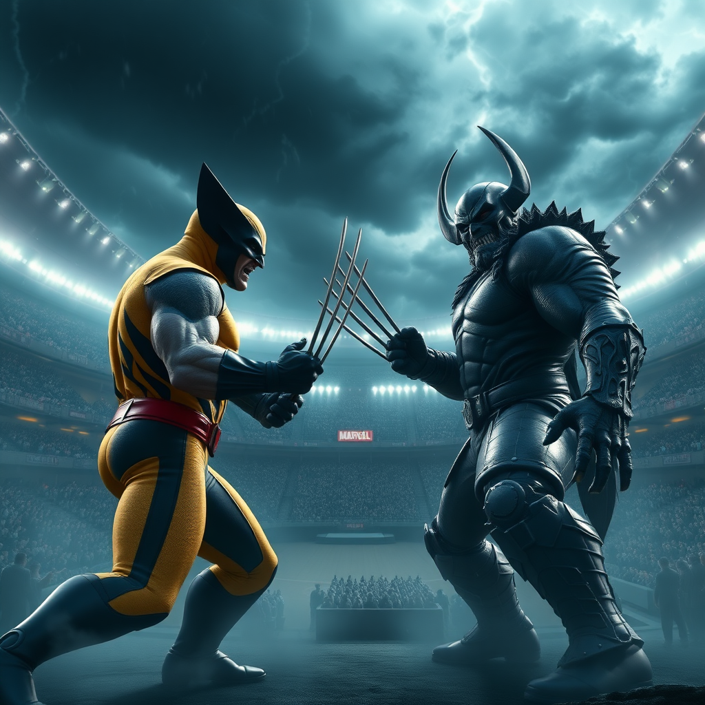 In the center of a vast stadium, Wolverine faces off in a fierce battle with Soloman Grundy. The 3D rendered image is stunningly photorealistic, every detail brought vividly to life. A magical, ethereal glow surrounds the scene, casting intricate dramatic shadows on the combatants beneath a stormy sky. The impeccable quality of the rendering immerses viewers in the epic clash between these legendary figures, creating a truly mesmerizing visual experience.