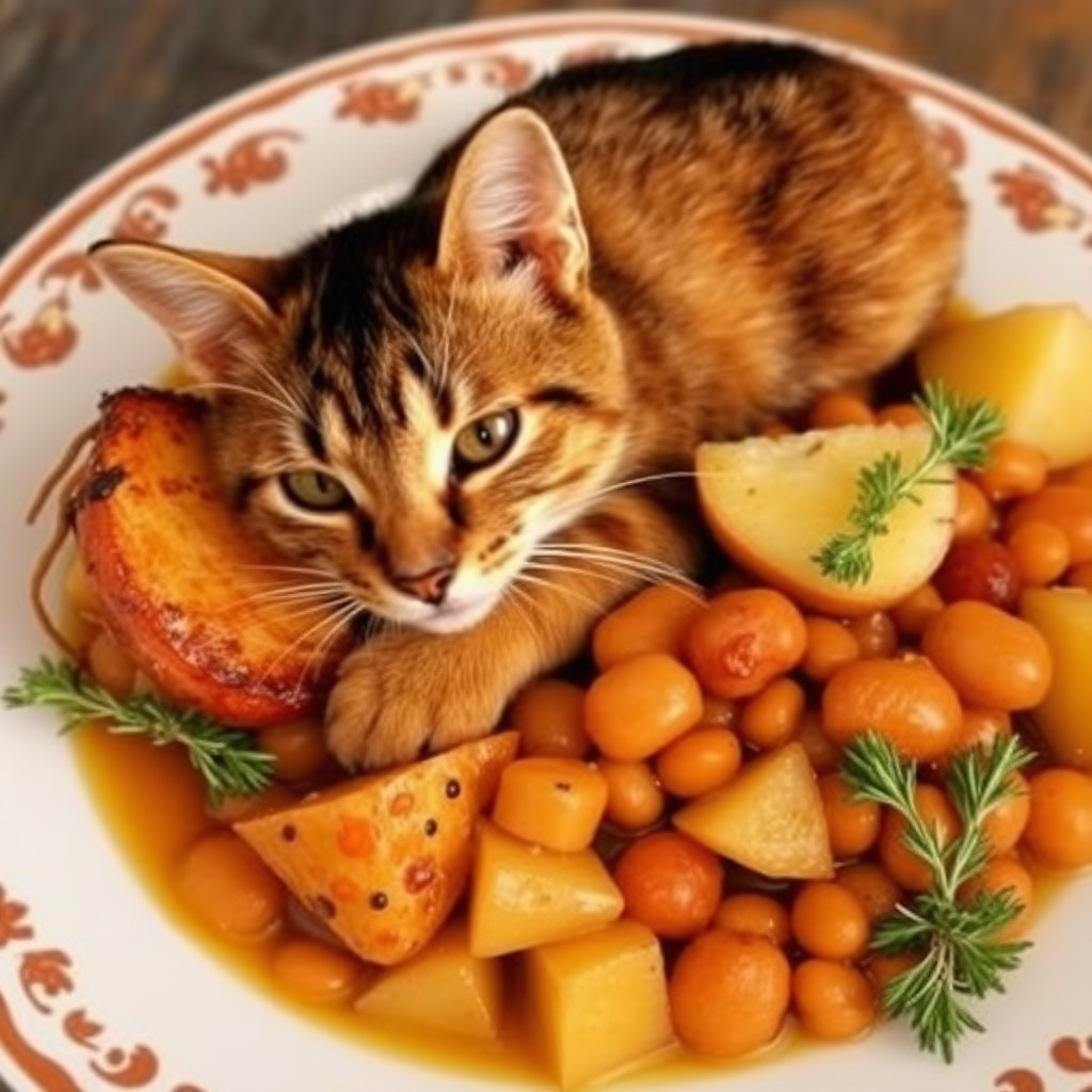 Roast cat with potatoes and beans